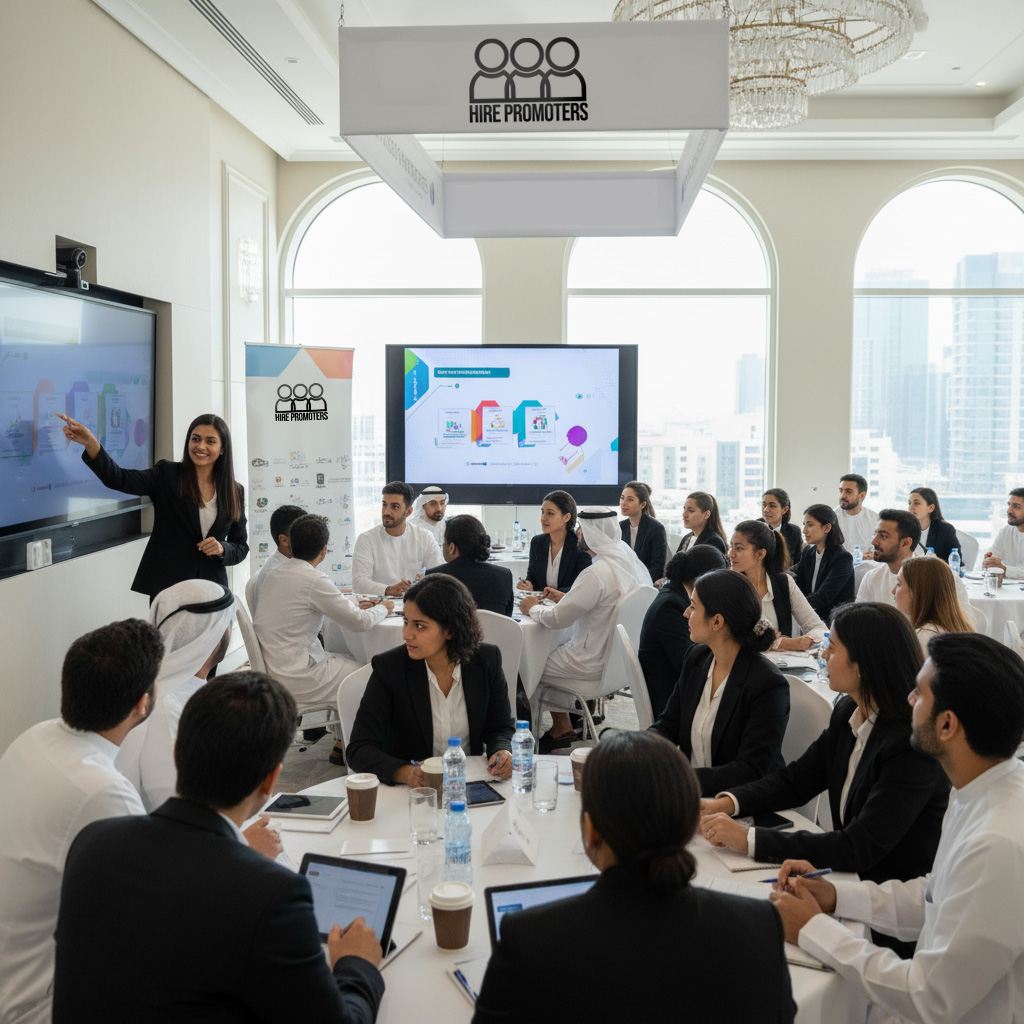 Hirepromoters.ae Event staff participating in cross-cultural communication and professional training for career growth in the UAE.