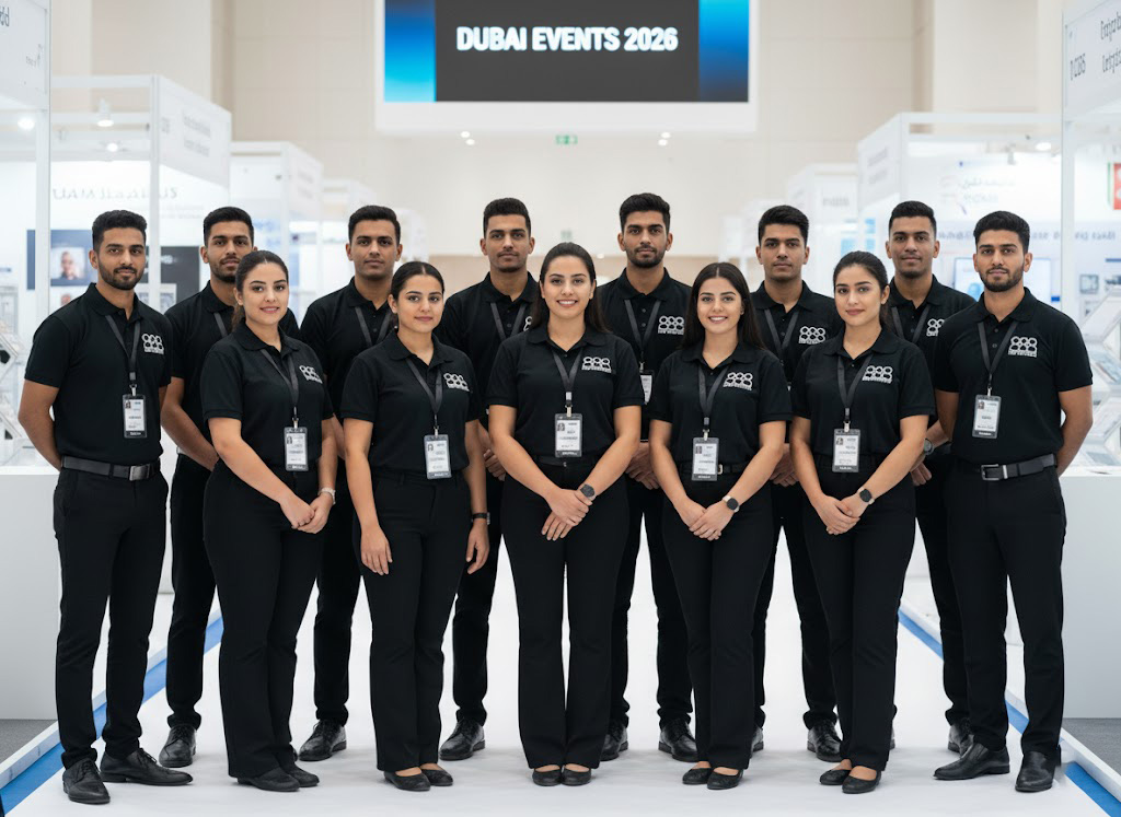 A team of elite professional promoters and ushers from Hirepromoters.ae ready for event staffing in Dubai and the UAE.