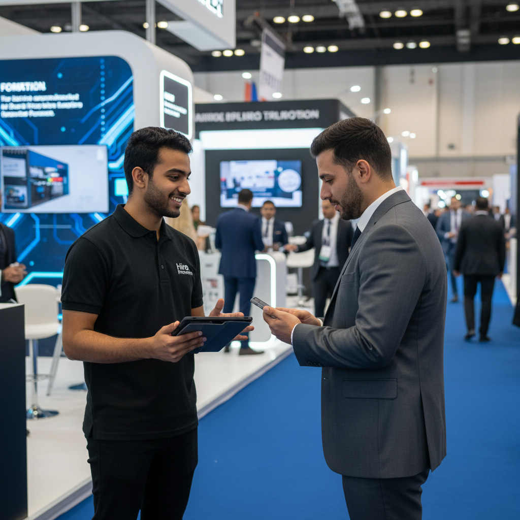 Lead Generation Promoters from Hirepromoters.ae actively capturing qualified leads and scheduling meetings at a busy DWTC exhibition booth.