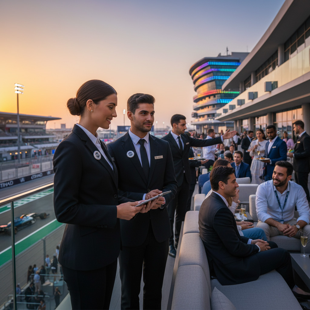 Hirepromoters.ae VIP Hospitality staff managing guest relations at the F1 Etihad Airways Abu Dhabi Grand Prix, symbolizing premium event staffing.