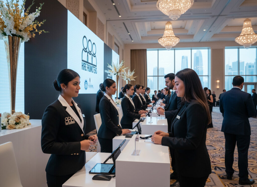 Professional Ushers and Hostesses managing VIP guest registration at a high-profile corporate event in Dubai