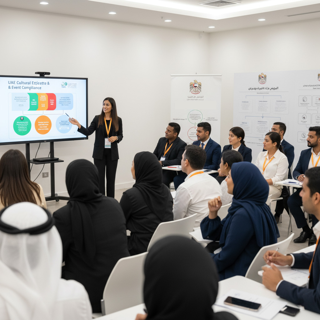 Event staff participating in cross-cultural training and compliance workshops to ensure cultural sensitivity for UAE events.