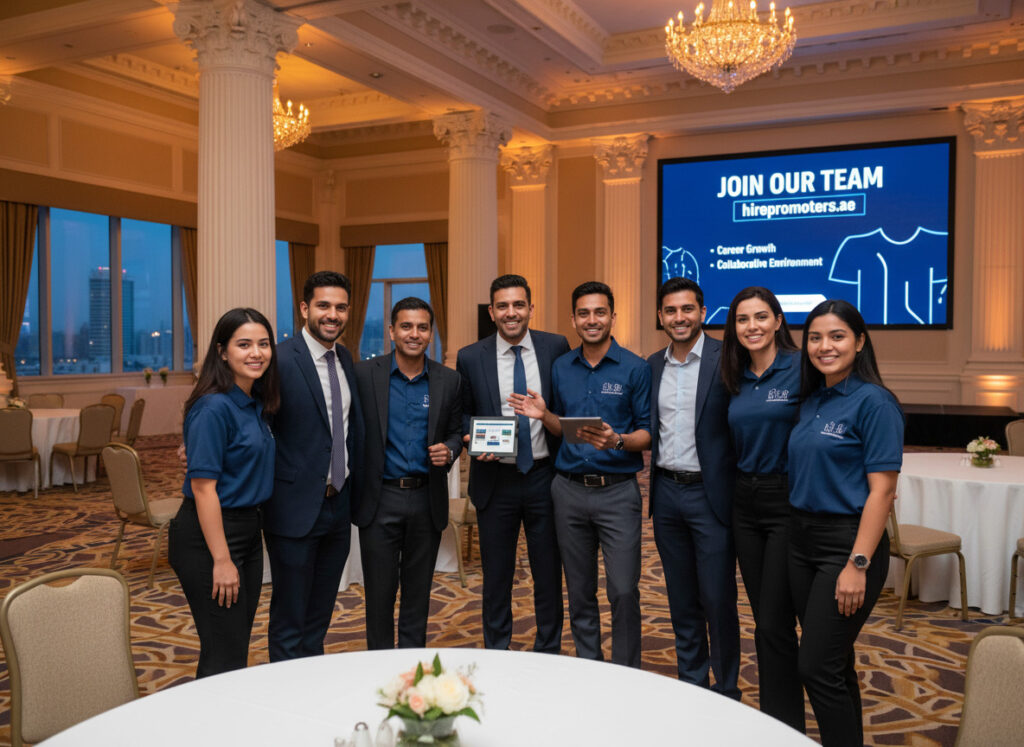 hirepromoters.ae team members smiling at grand ballroom event - Join Our Team Promoter Jobs UAE for career growth and a collaborative environment.