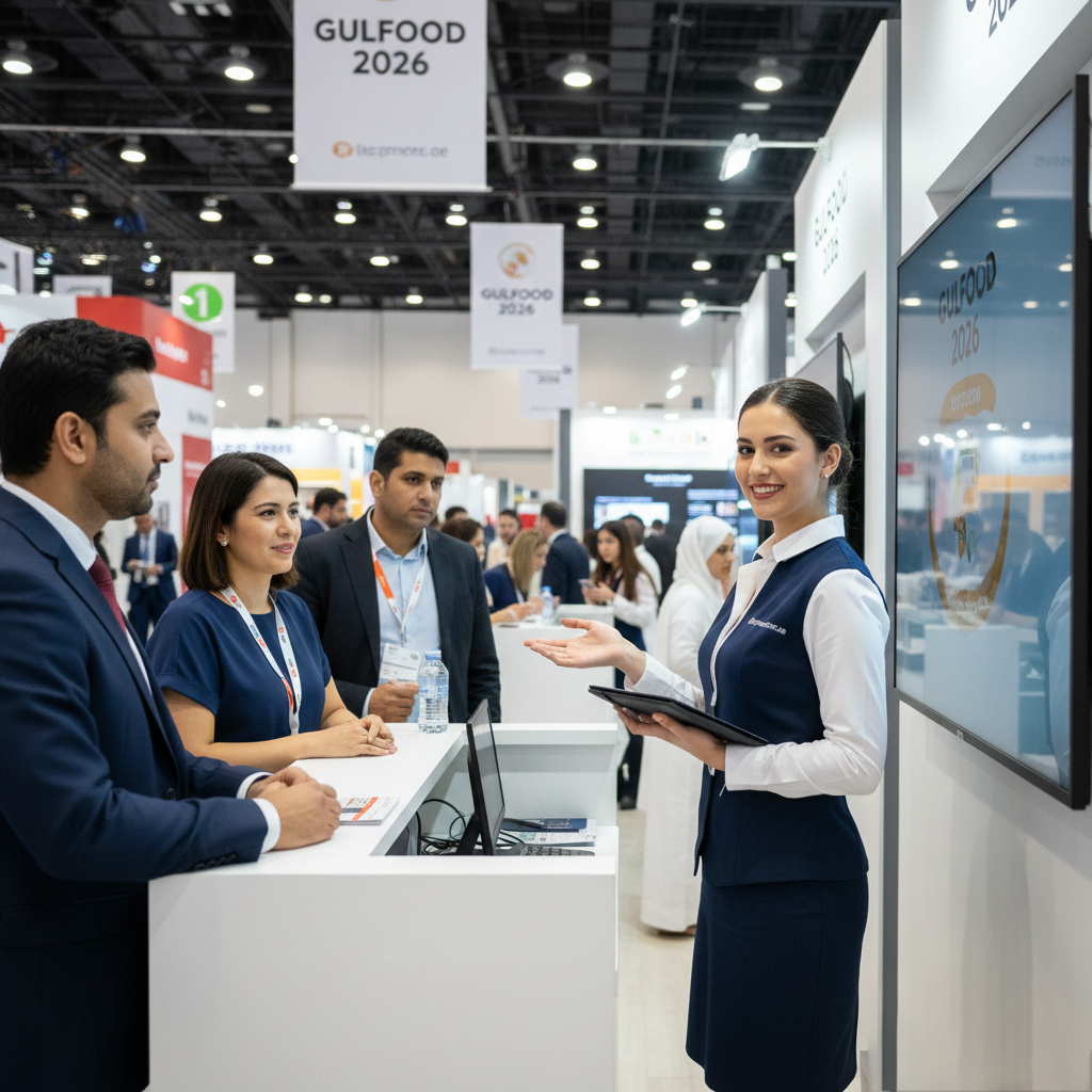 A professional event promoter engaging with visitors for Gulfood 2026 jobs Dubai at an exhibition stand.