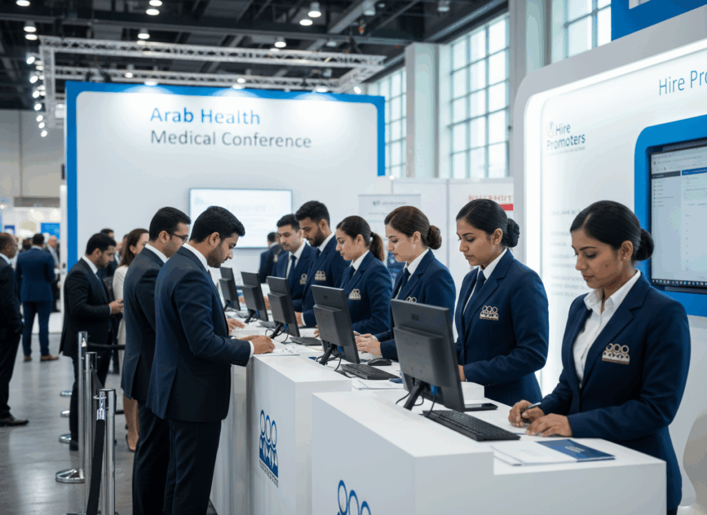 Event ushers and registration staff managing delegate flow at Arab Health exhibition UAE.