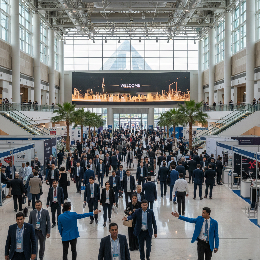 Organized exhibition ushers directing large crowds of attendees in the main concourse of the Dubai World Trade Centre.