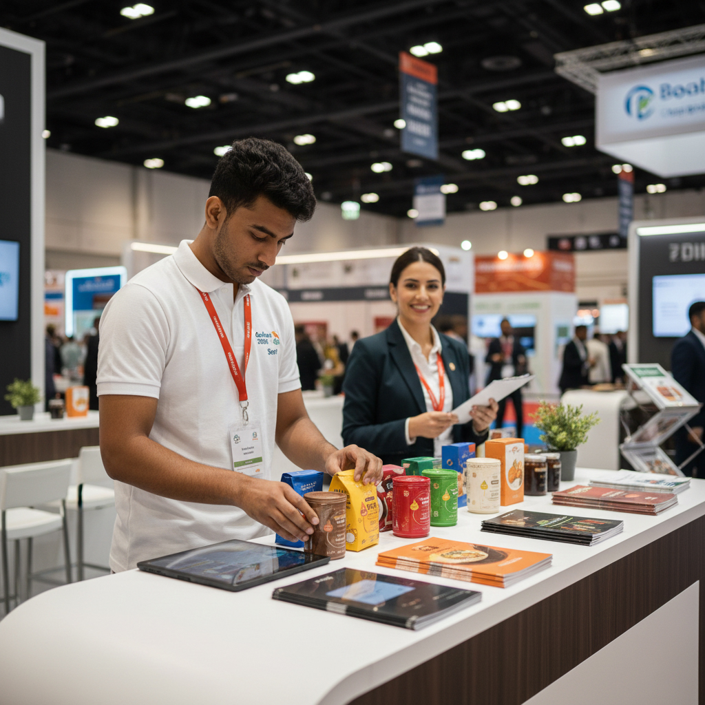An efficient event helper assisting exhibitors for Gulfood 2026 jobs Dubai at a trade show booth.