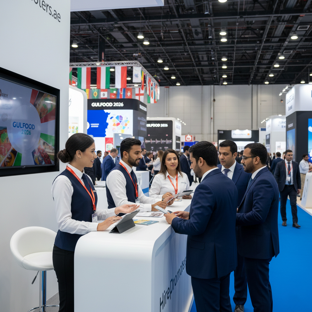 Professional event hostesses assisting visitors at Gulfood 2026 jobs Dubai at DWTC.