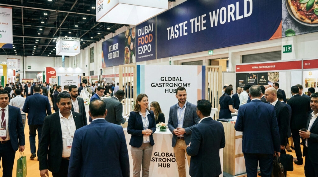 Professional event promoters engaging with international attendees at a busy exhibition stand inside the Dubai World Trade Centre during Gulfood.