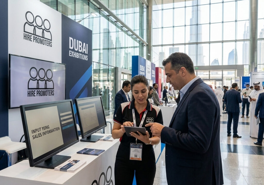 Sales promoter capturing leads at a Dubai exhibition booth for a corporate brand.