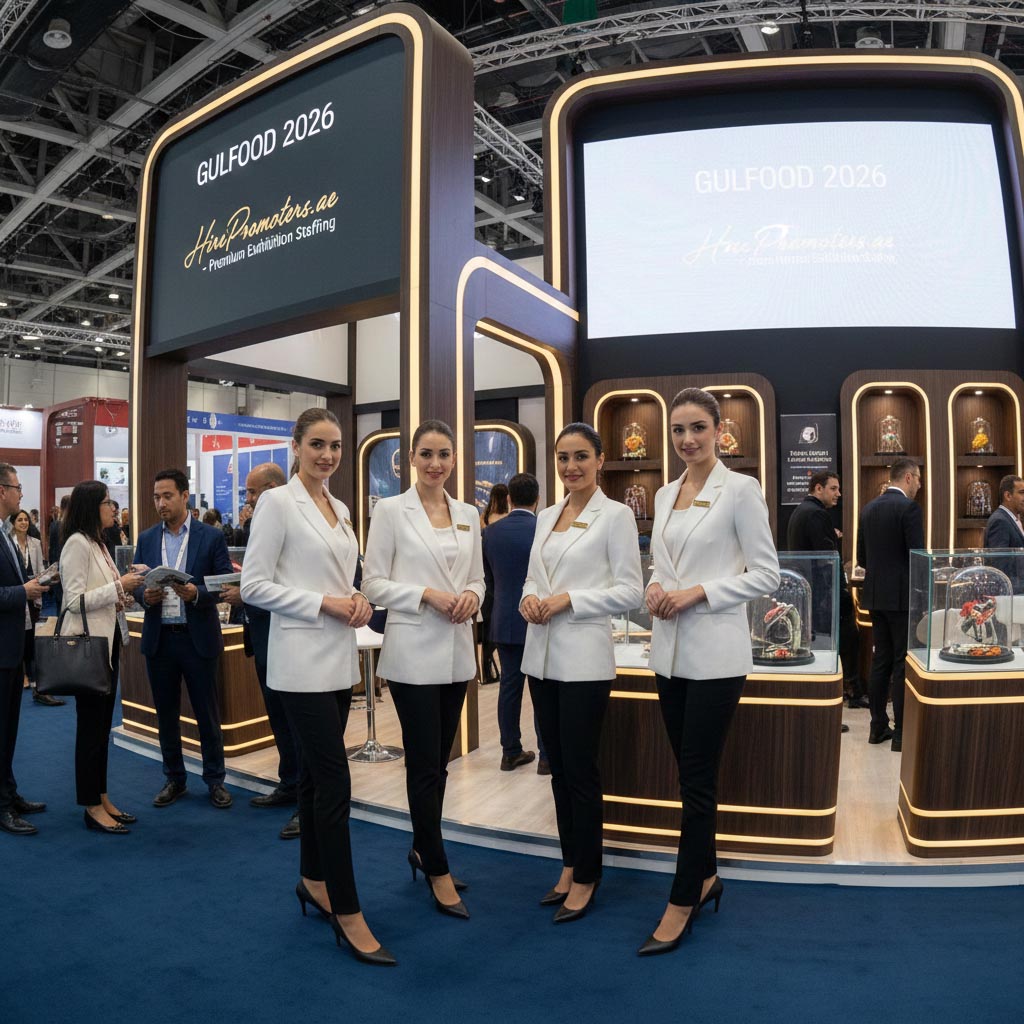 Hostesses for Gulfood 2026, Professional exhibition hostesses in corporate attire standing at a luxury booth during Gulfood 2026 at DWTC.
