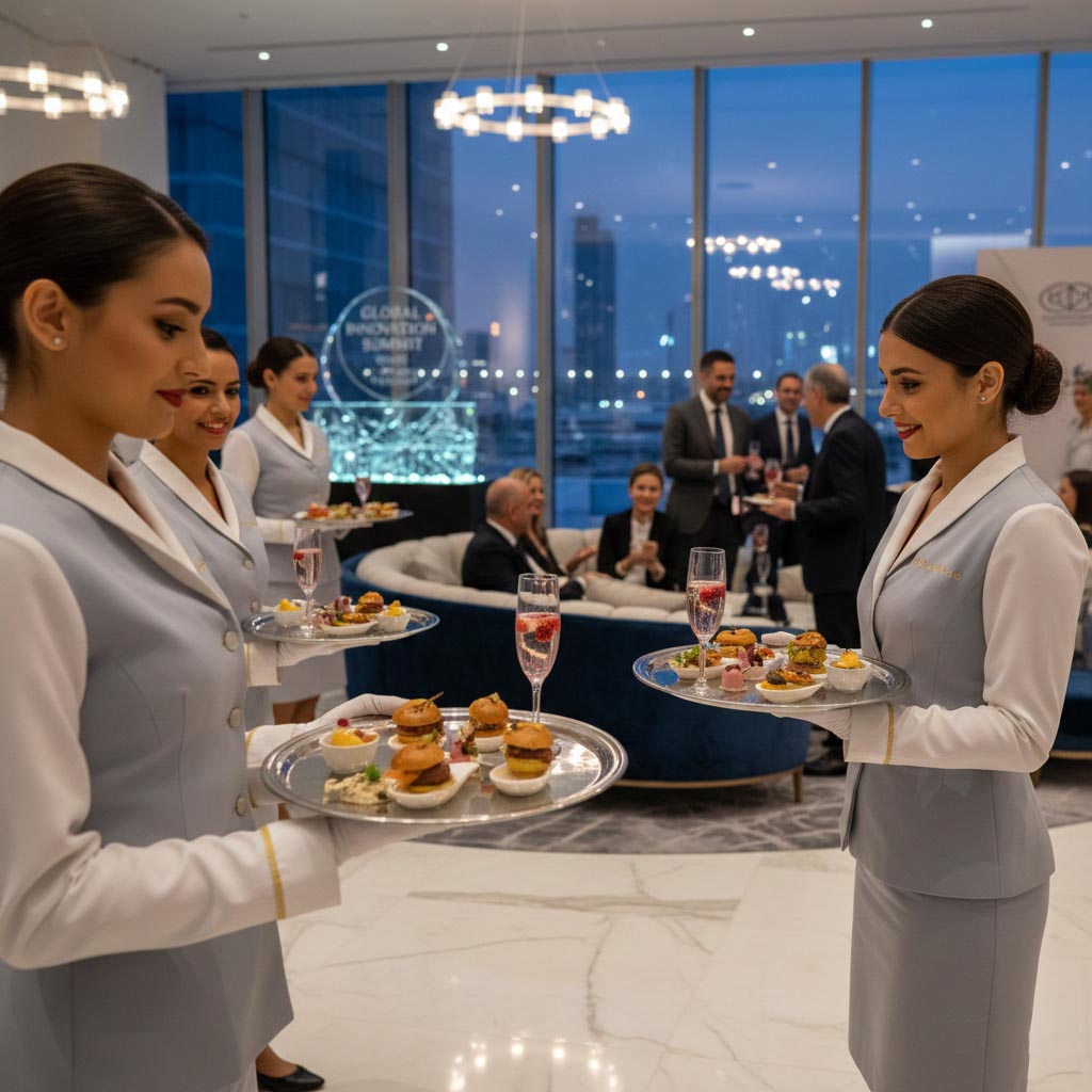 Hostesses for Gulfood 2026 Hospitality hostesses presenting food samples and refreshments to VIP guests in a luxury exhibition lounge.