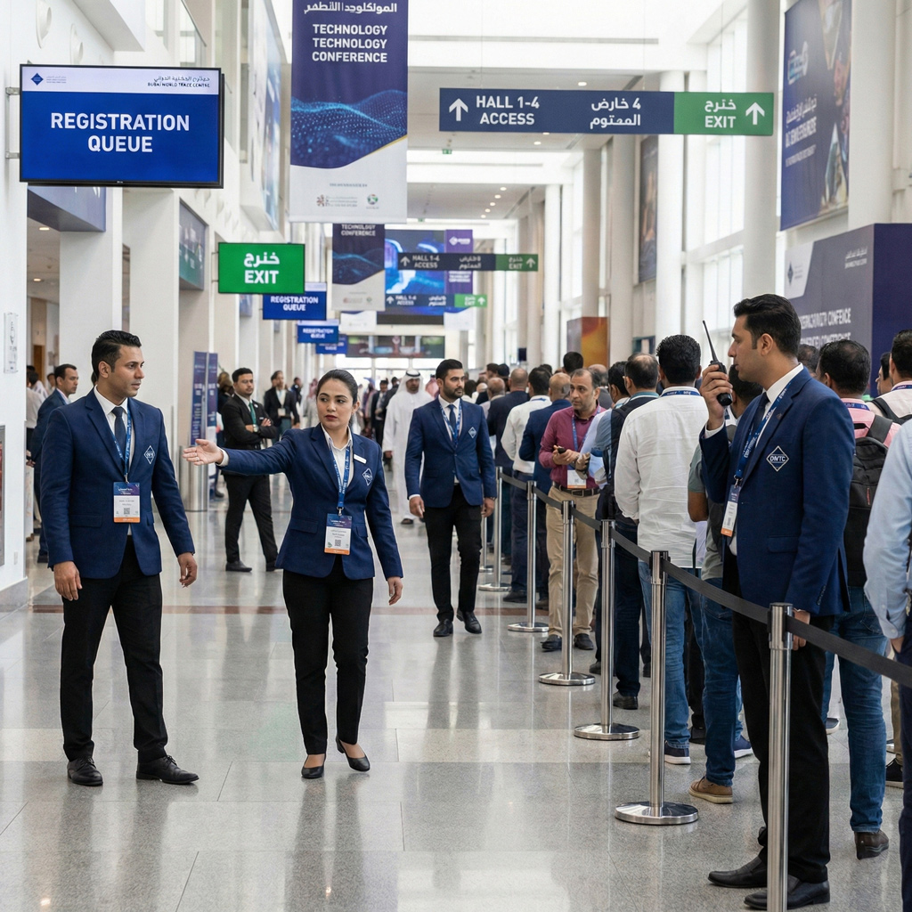 Ushers managing visitor flow at DWTC venue.