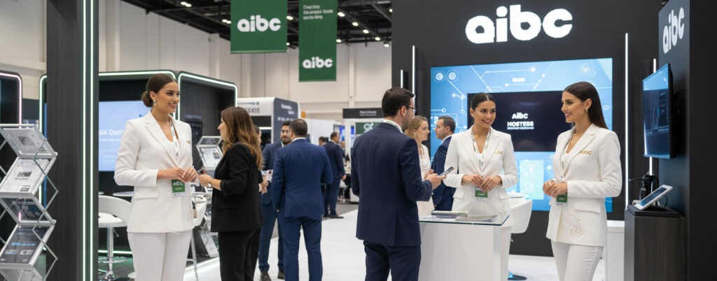 Exhibition hostesses and promoters at a Dubai international summit