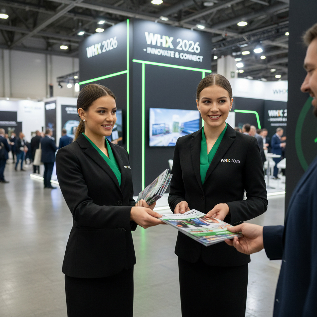 WHX Dubai hostesses greeting visitors at a modern exhibition stand.