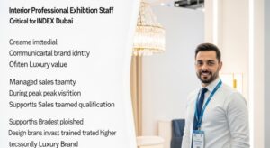 Professional exhibition staff welcoming visitors at an interior design booth during INDEX Dubai