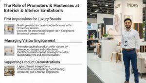 Professional hostess welcoming visitors at an interior design booth at INDEX Dubai 2026