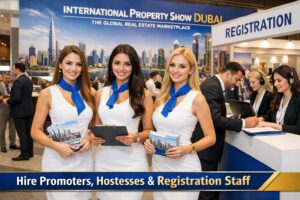 Professional hostesses and exhibition staff in white uniforms and blue scarves holding brochures at the International Property Show Dubai registration desk, featuring a background of the Dubai skyline and "Hire Promoters, Hostesses & Registration Staff" banner.