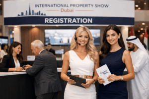 Professional promoters and hostesses assisting visitors at the registration desk during the International Property Show Dubai, welcoming real estate investors and exhibitors at a modern exhibition booth in Dubai.