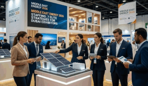 , 'MIDDLE EAST ENERGY 2026 STAFFING: 7 ELITE STRATEGIES FOR DUBAI EXHIBITORS'. A central female staff member points to a detailed model of solar panels and clean energy technology. Other staff members hold tablets, engaged and ready to assist attendees. The overall atmosphere is focused and dynamic, representing a successful exhibiting strategy.