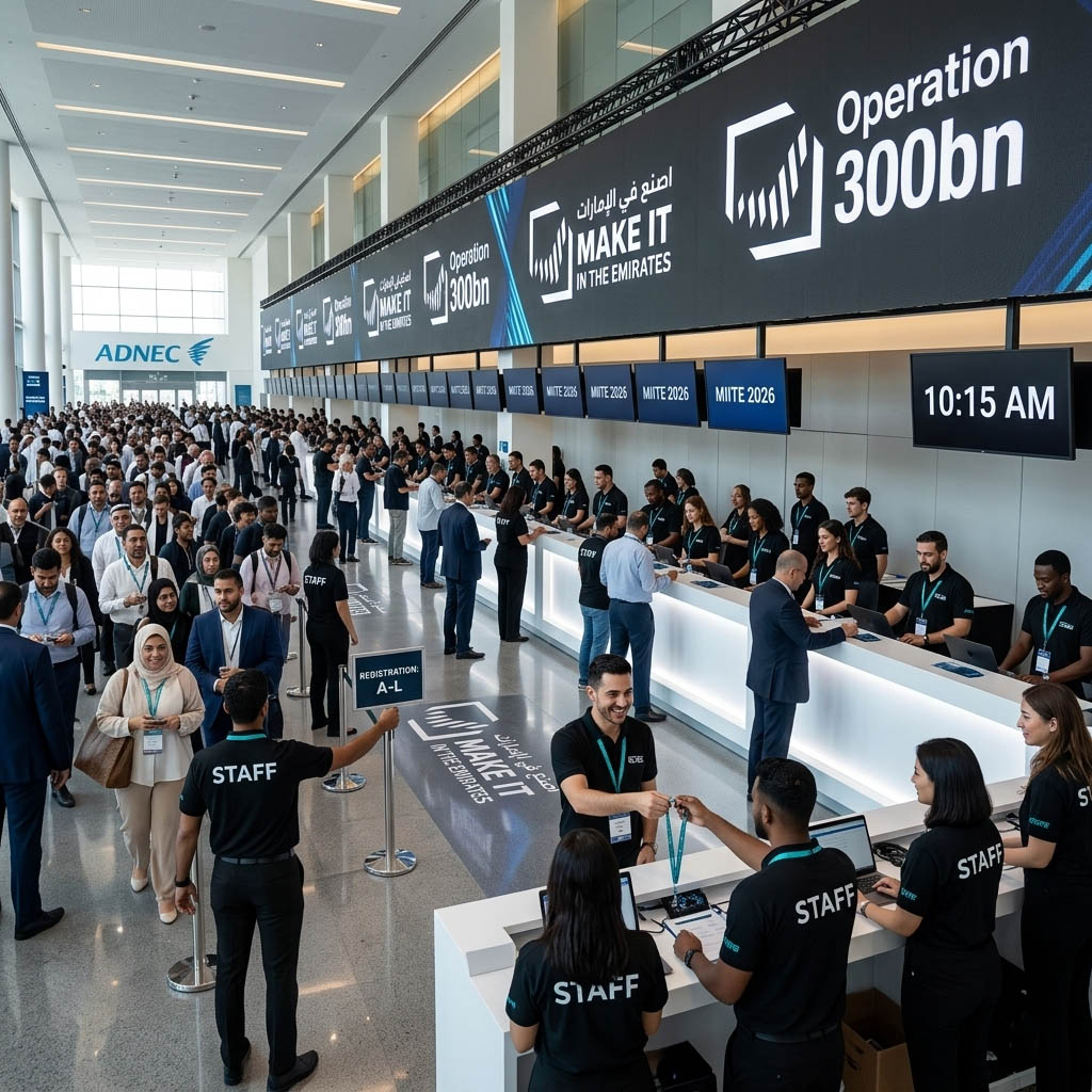 A large team of HirePromoters.ae temporary staff for events efficiently manage registration for thousands of delegates during the MIITE 2026 opening at the ADNEC Centre Abu Dhabi, supporting the UAE industrial strategy event logistics.
