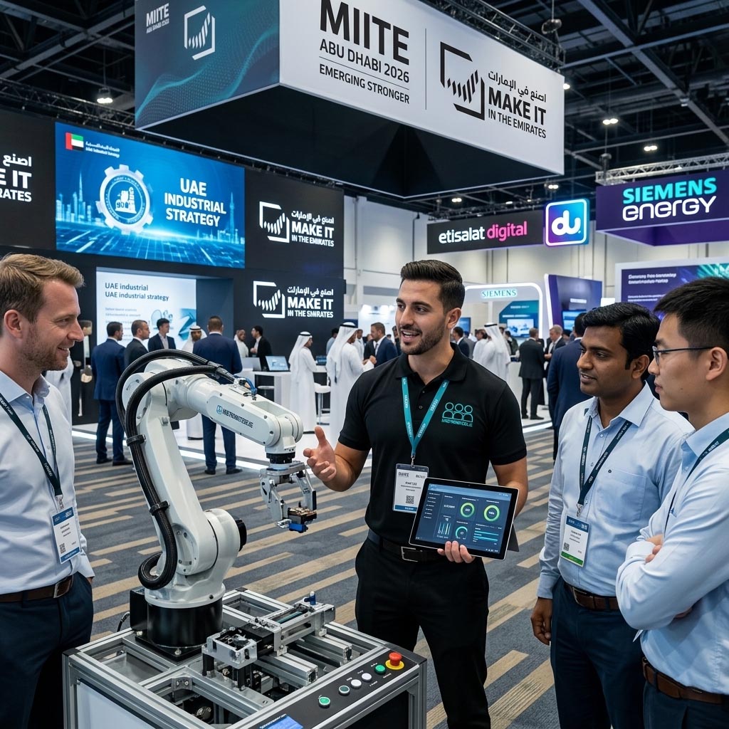 A skilled HirePromoters.ae promoter for hire explains an advanced industrial robot at a high-tech stand during the MIITE 2026 forum at ADNEC Abu Dhabi, showcasing technology under the UAE industrial strategy.