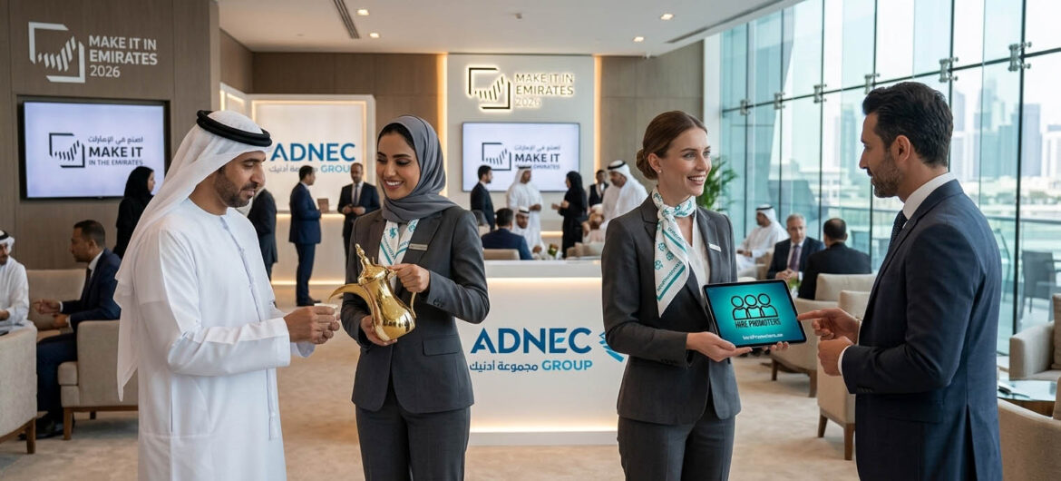 Professional HirePromoters.ae event hostesses welcome VIP dignitaries and investors to the VIP lounge at the MIITE 2026 Forum in ADNEC Abu Dhabi.